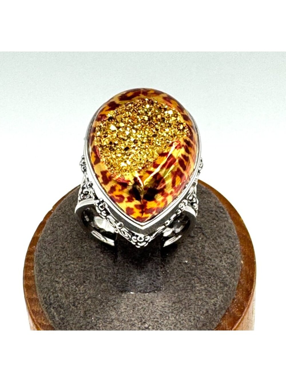 SAJEN Solid Sterling Silver 925 Druzy Quartz Leopard Enameled Ring Size 8.5